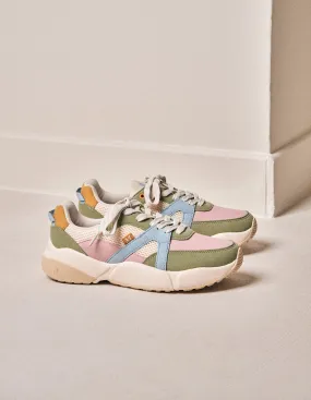 Baskets basses Lison - Suède vegan et mesh pistache, rose clair et ciel