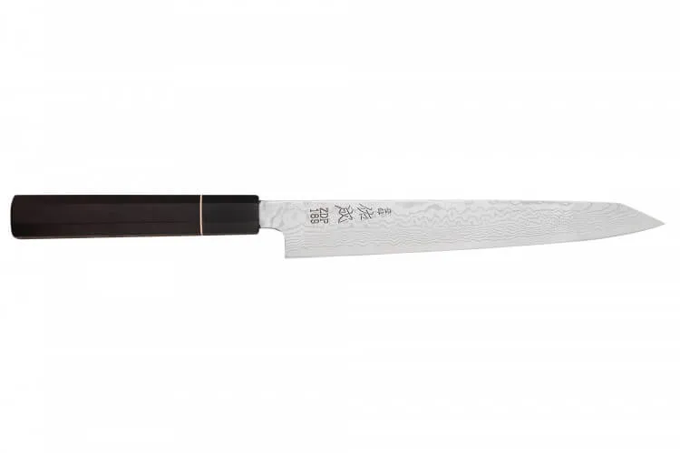 Couteau sujihiki kiritsuke 24cm japonais artisanal Sukenari ZDP-189 damas manche en ébène