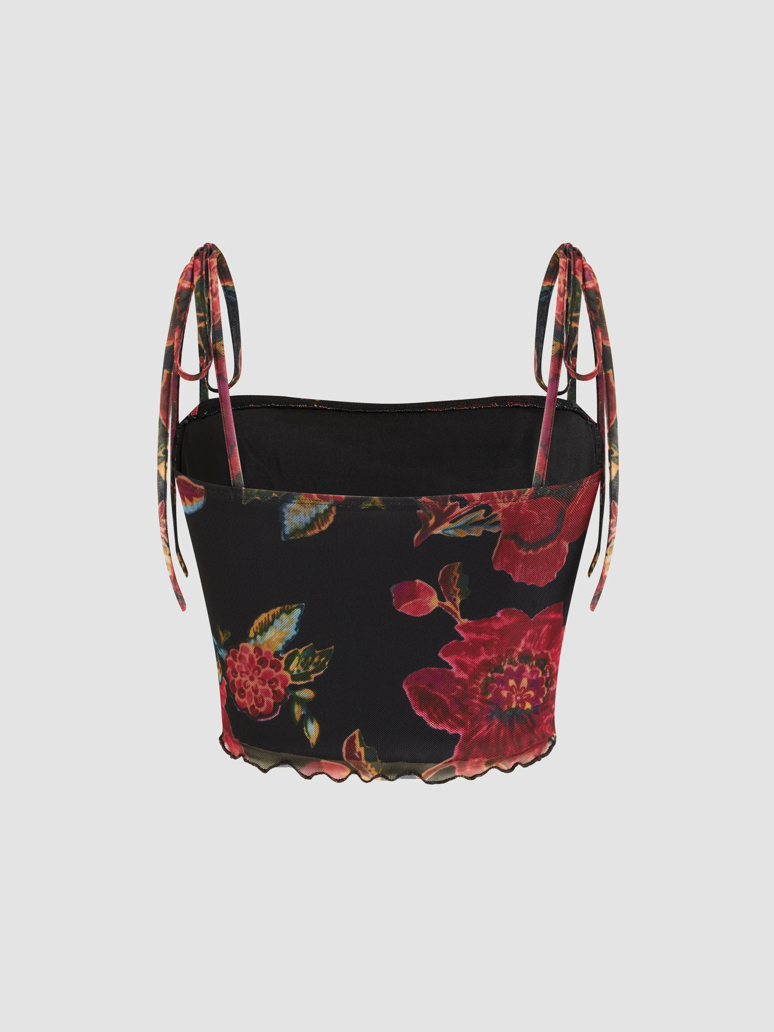 Crop top noué à col carré en maille avec bordure à laitue florale