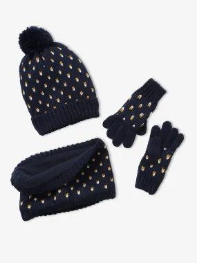 Ensemble bonnet + snood + gants coeurs fille BASICS encre imprimé - Vertbaudet