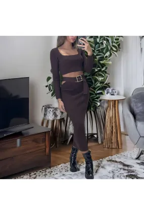 Ensemble haut et jupe marron avec accessoire ceinture intégré