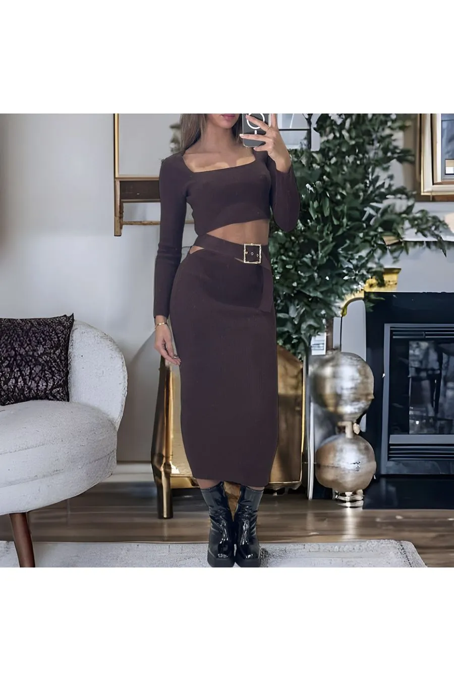 Ensemble haut et jupe marron avec accessoire ceinture intégré