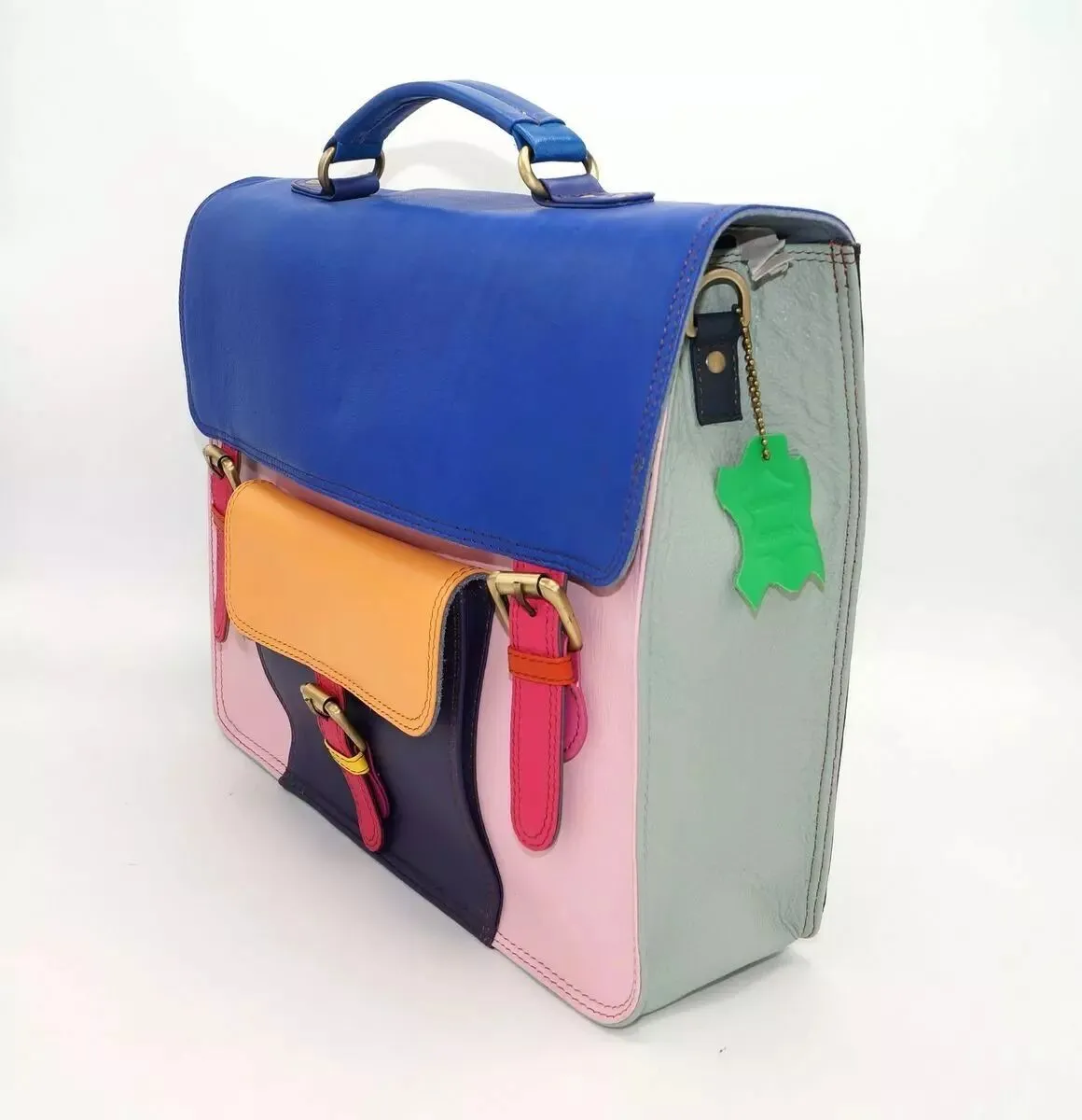 Grand sac forme cartable en cuir multicolore bleu et rose