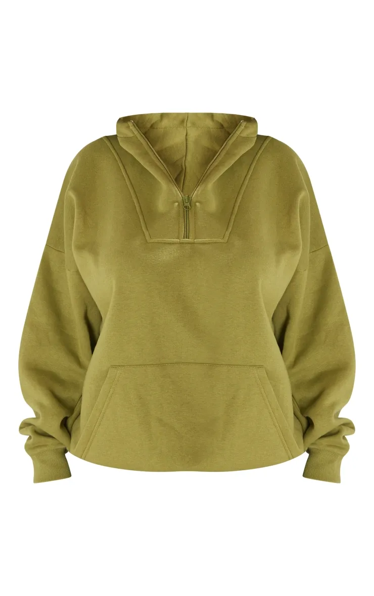 Hoodie vert olive à demi-zip et coutures apparentes