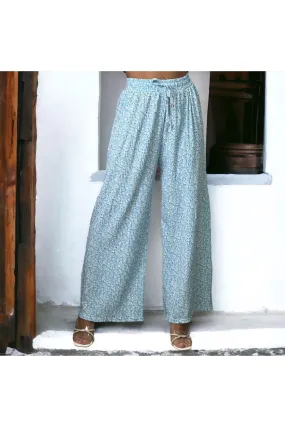 Pantalon palazzo plissé turquoise motif fleuris  