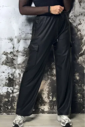 Pantalon treillis palazzo en simili noir molletonné