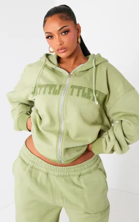 PRETTYLITTLETHING Shape Hoodie kaki délavé zippé à détail brodé