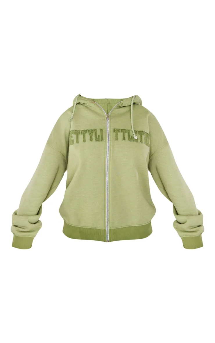 PRETTYLITTLETHING Shape Hoodie kaki délavé zippé à détail brodé