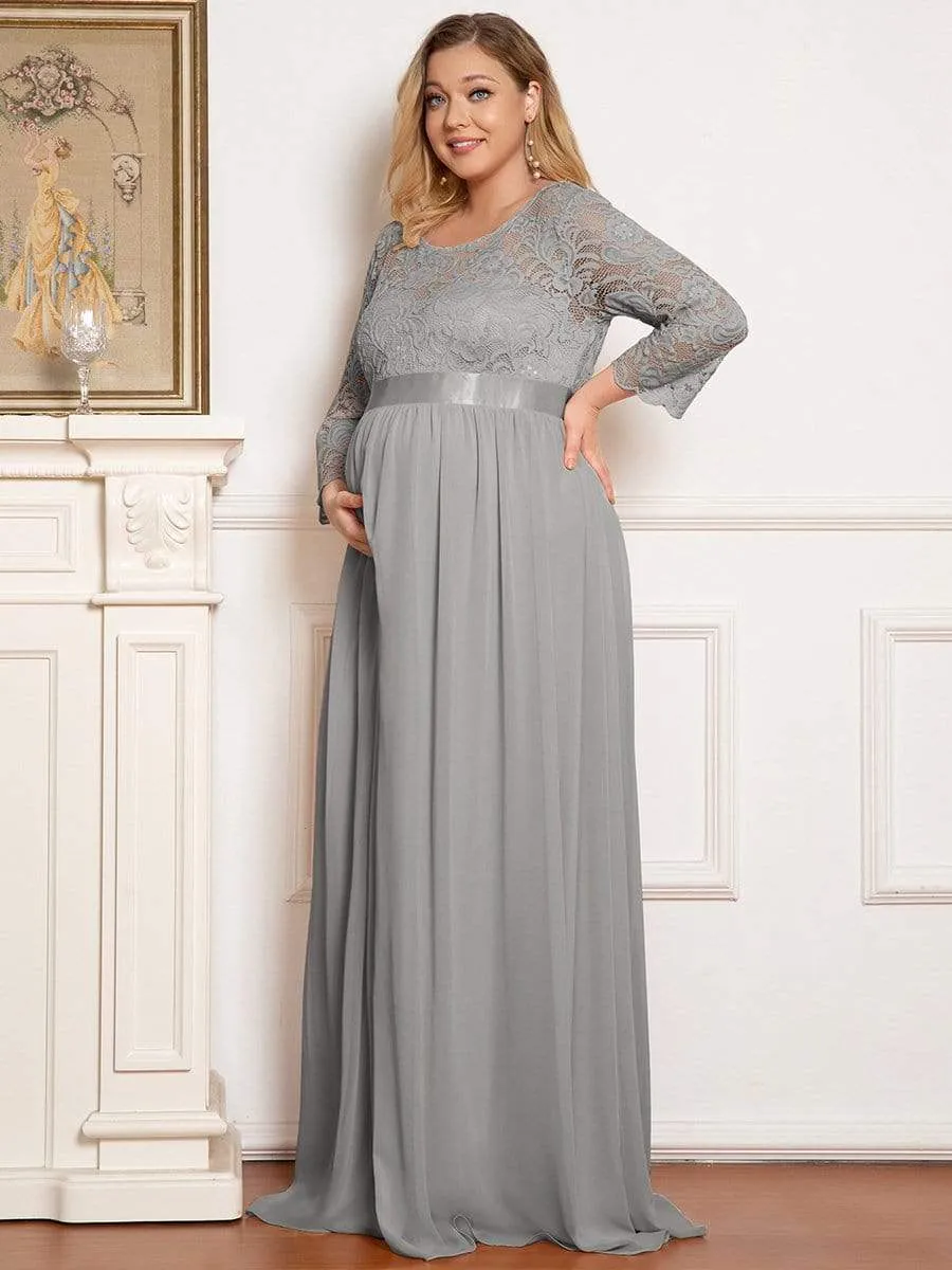 Robe de Maternité Grande Taille à Manches 3/4 en Dentelle Longueur au Sol