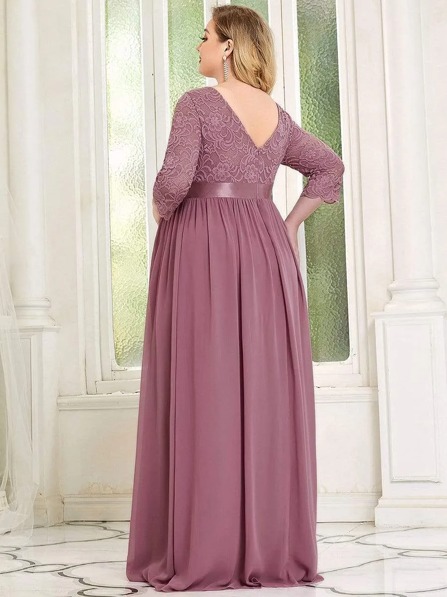 Robe de Maternité Grande Taille à Manches 3/4 en Dentelle Longueur au Sol