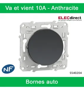 Schneider - Odace - Interrupteur va et vient - Anthracite - 10A - 250V - Bornes auto - Réf : S540204