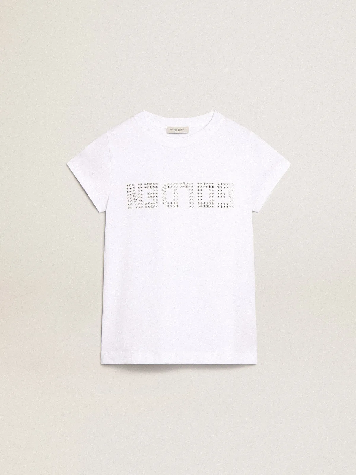 T-shirt blanc avec inscription Golden en cristaux au centre | Golden Goose