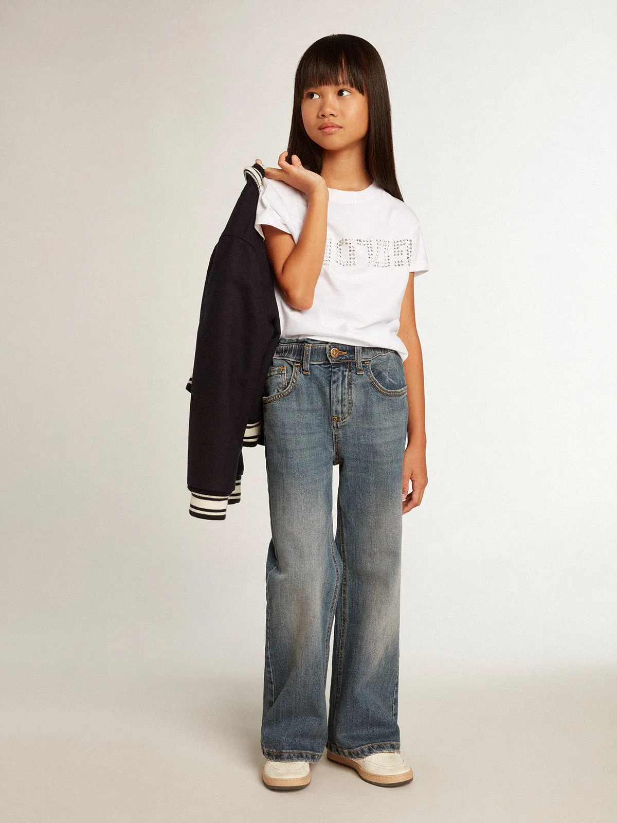 T-shirt blanc avec inscription Golden en cristaux au centre | Golden Goose