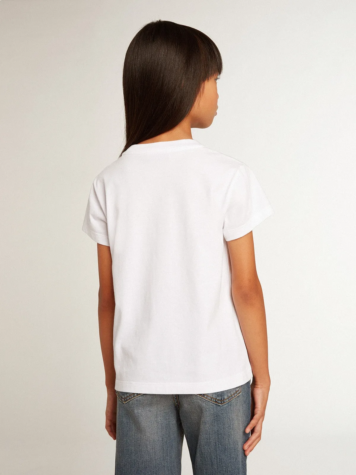 T-shirt blanc avec inscription Golden en cristaux au centre | Golden Goose