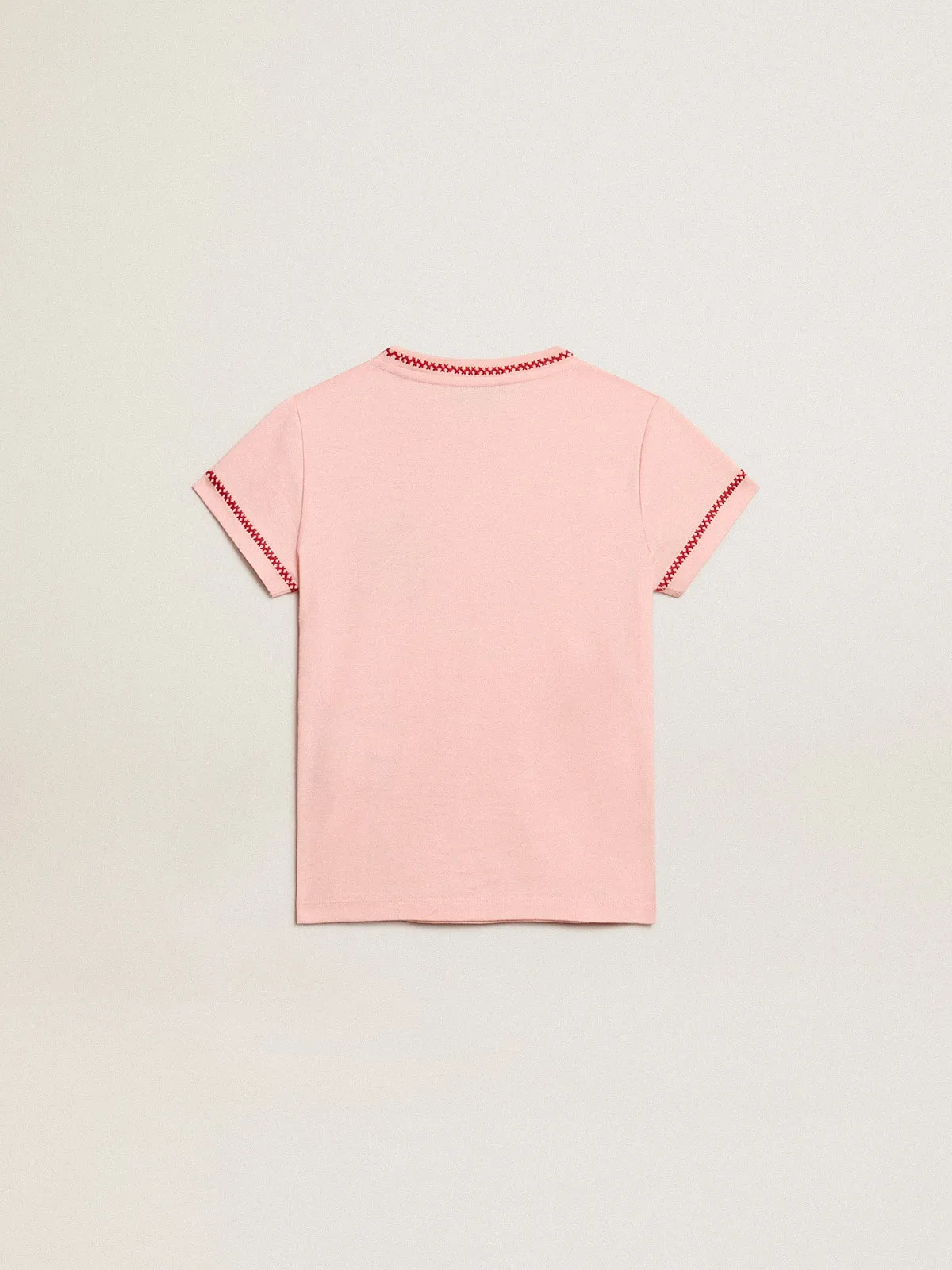 T-shirt rose avec bords rouges et fleur brodée sur le cœur | Golden Goose