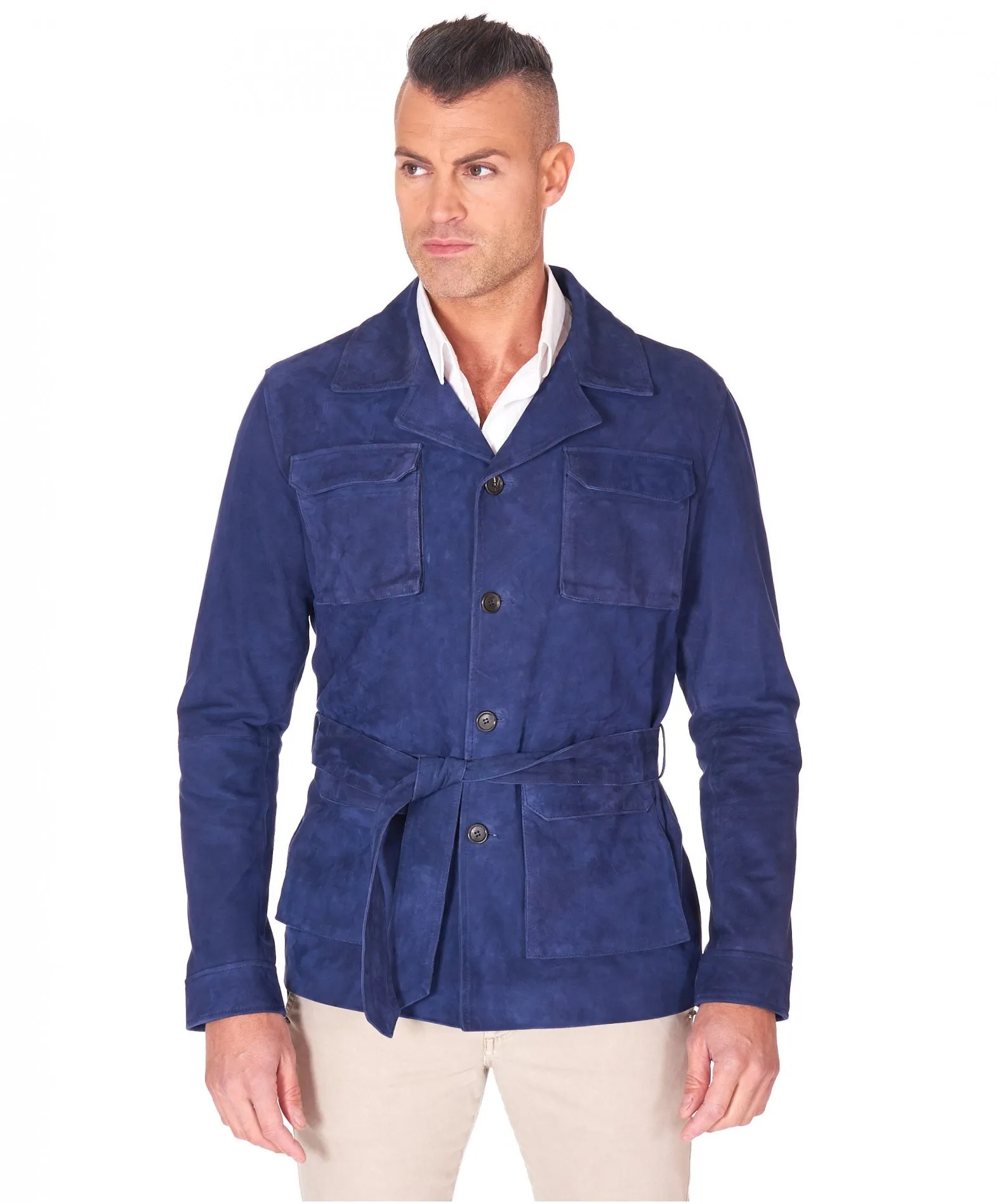 Veste cuir homme boutons et ceinture cuir velours bleu Blair