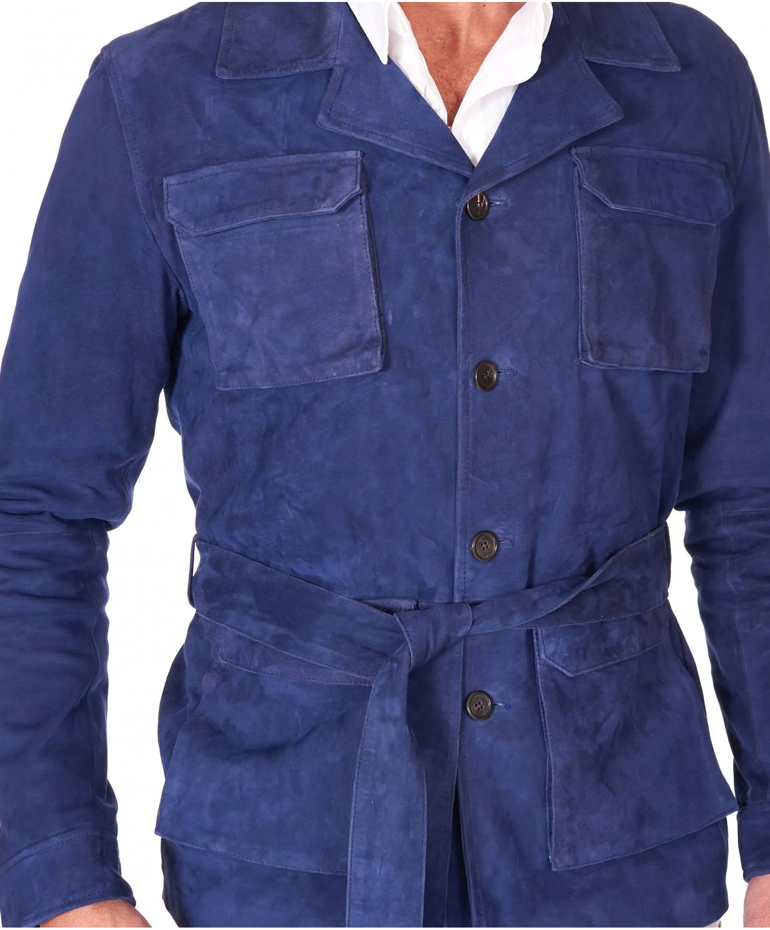 Veste cuir homme boutons et ceinture cuir velours bleu Blair