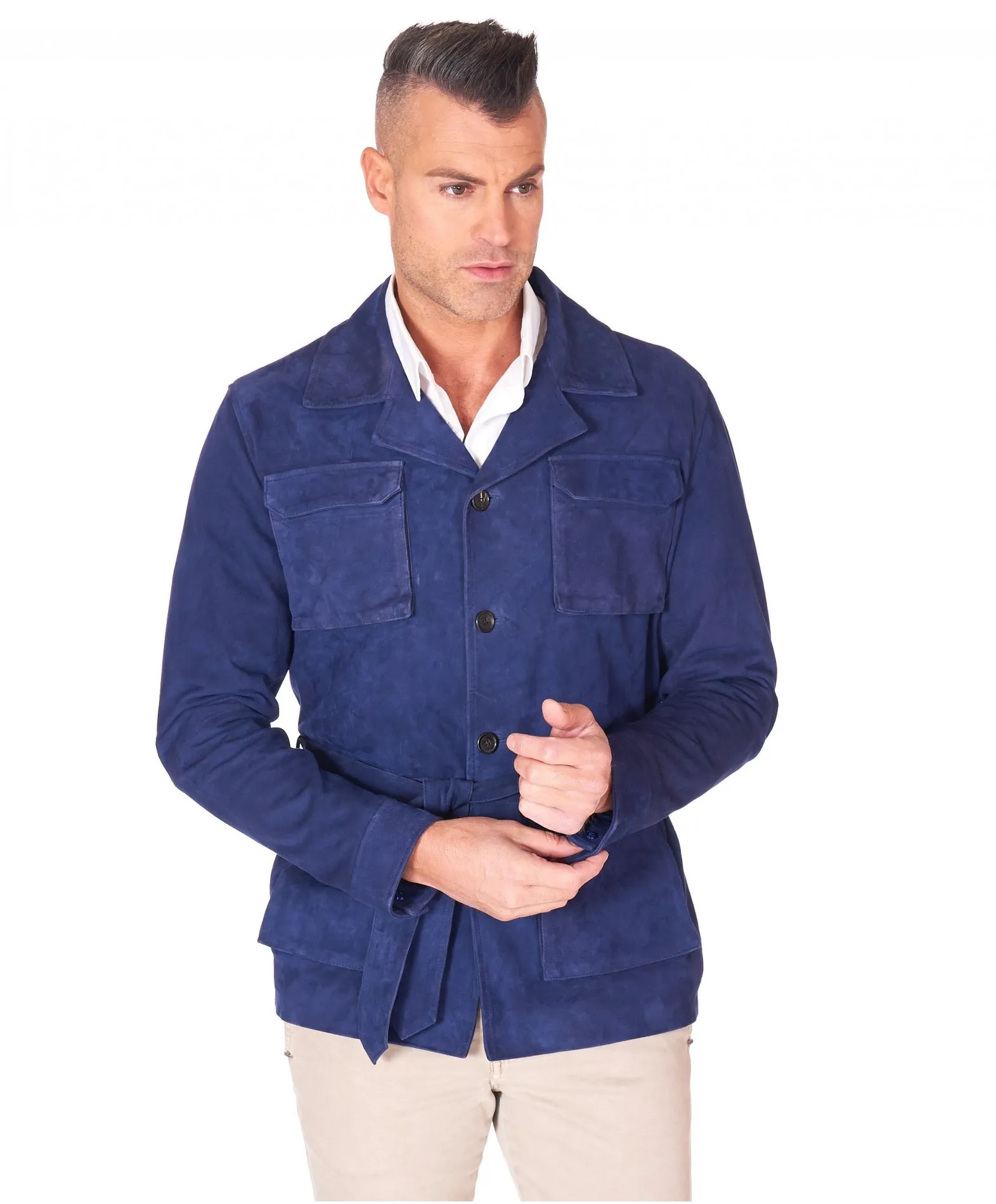 Veste cuir homme boutons et ceinture cuir velours bleu Blair