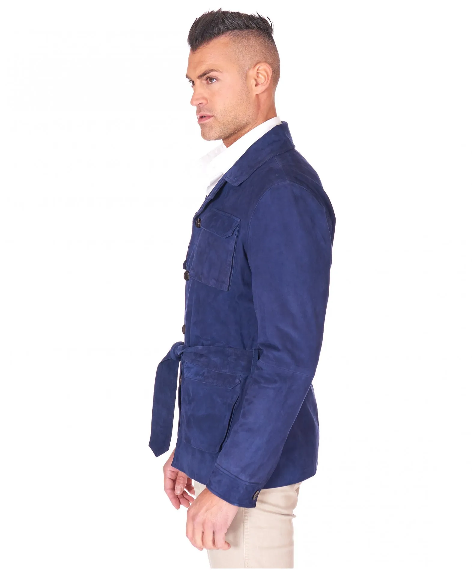 Veste cuir homme boutons et ceinture cuir velours bleu Blair