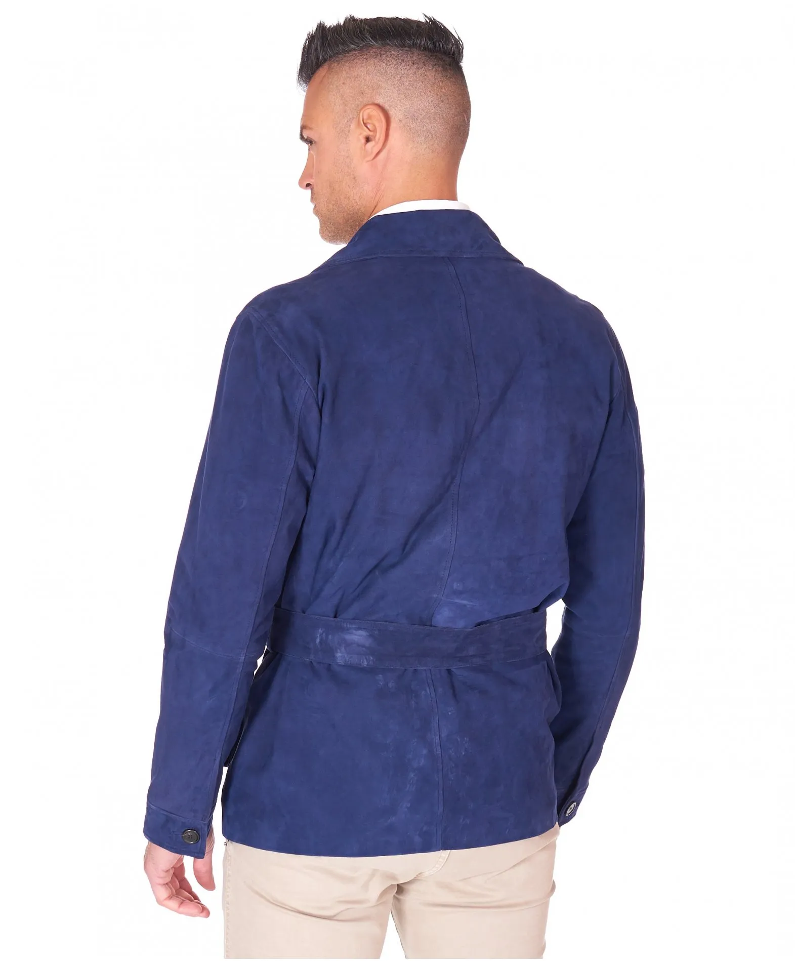 Veste cuir homme boutons et ceinture cuir velours bleu Blair