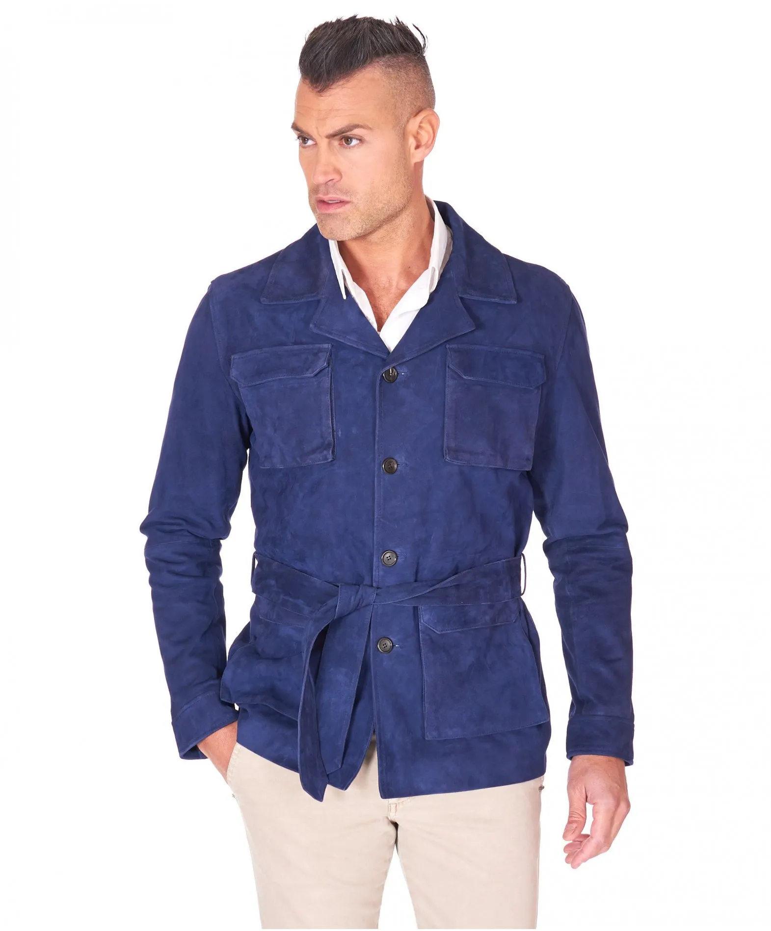 Veste cuir homme boutons et ceinture cuir velours bleu Blair